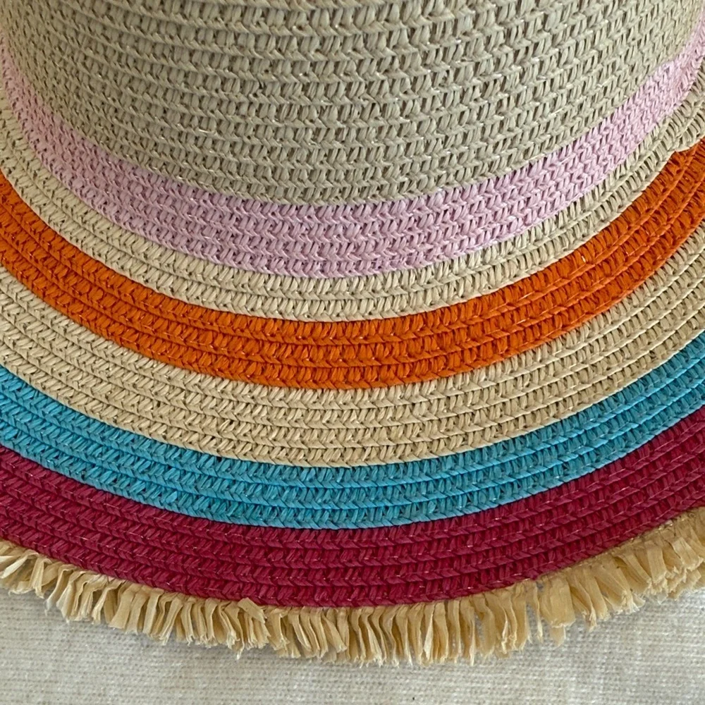 Addie & Tate Rainbow Straw Sun Hat w/Fringe Trim